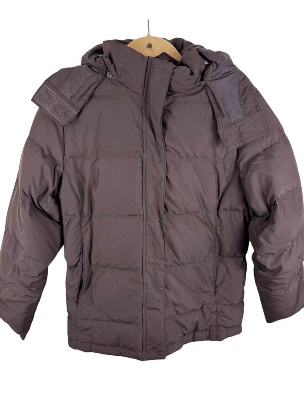 LL Bean Womens Down Puffer Jacket Brown Removable Hood Petite Large 234757